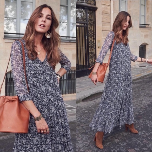 Sezane Dresses & Skirts - Sezane Aurelie Dress Maxi Floral Marine Blue Size 38 US 6